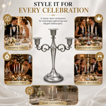 Gold candelabra centerpiece shown with wedding dinner church holiday and party use cases