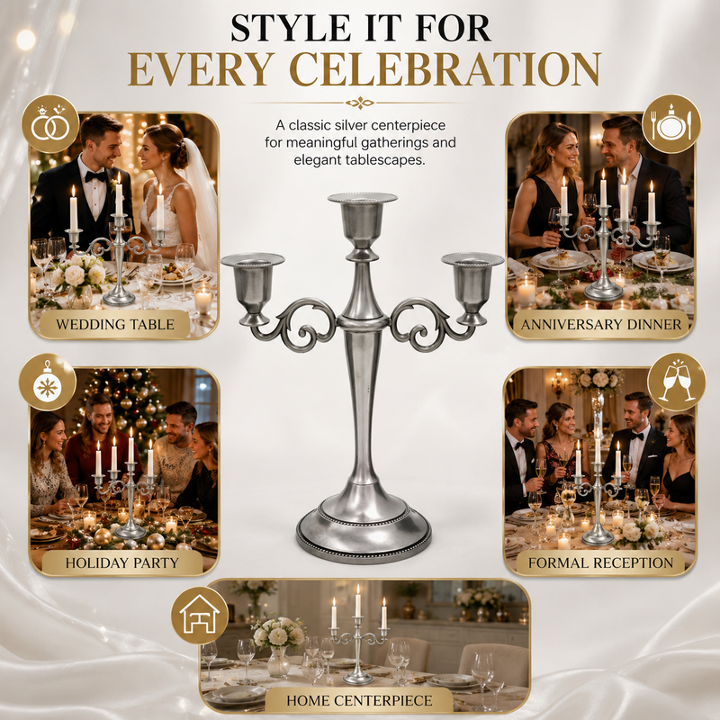 Gold candelabra centerpiece shown with wedding dinner church holiday and party use cases