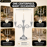 Gold candelabra centerpiece shown with wedding dinner church holiday and party use cases