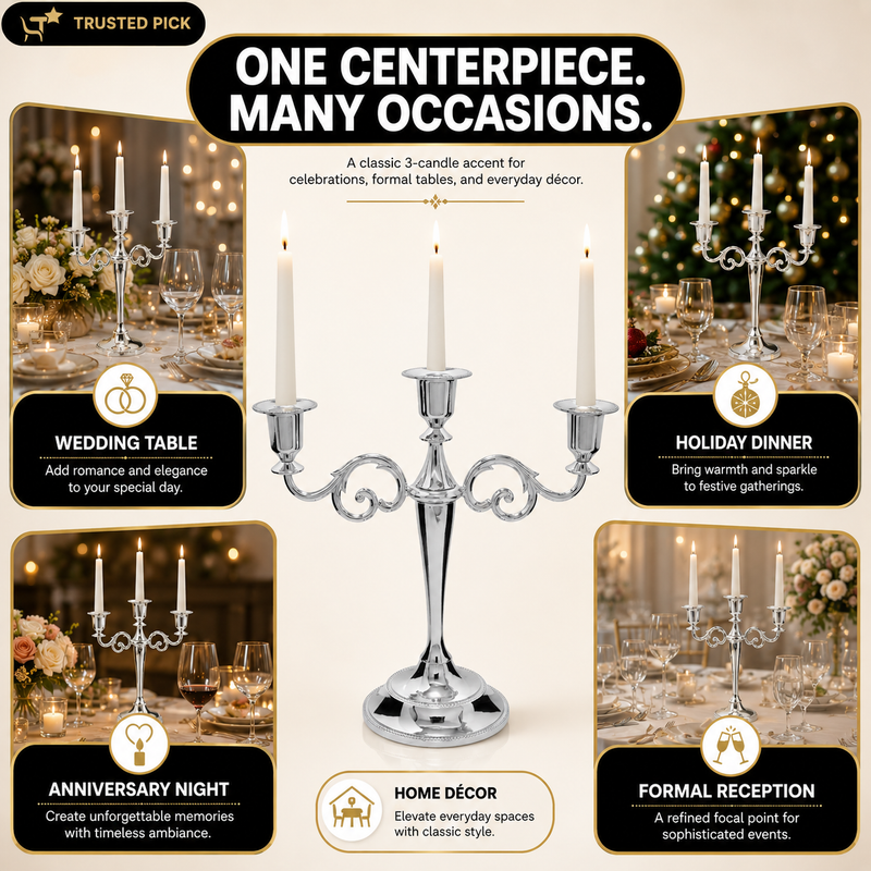 Gold candelabra centerpiece shown with wedding dinner church holiday and party use cases