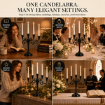 Gold candelabra centerpiece shown with wedding dinner church holiday and party use cases