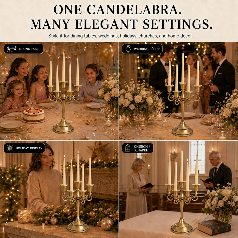 Gold candelabra centerpiece shown with wedding dinner church holiday and party use cases