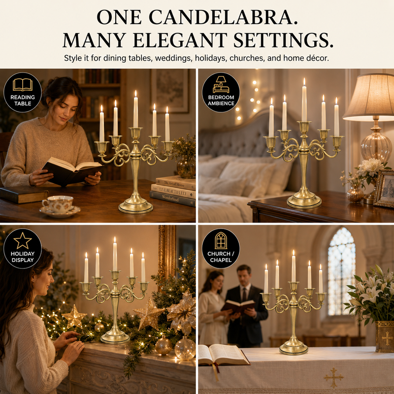 Gold candelabra centerpiece shown with wedding dinner church holiday and party use cases
