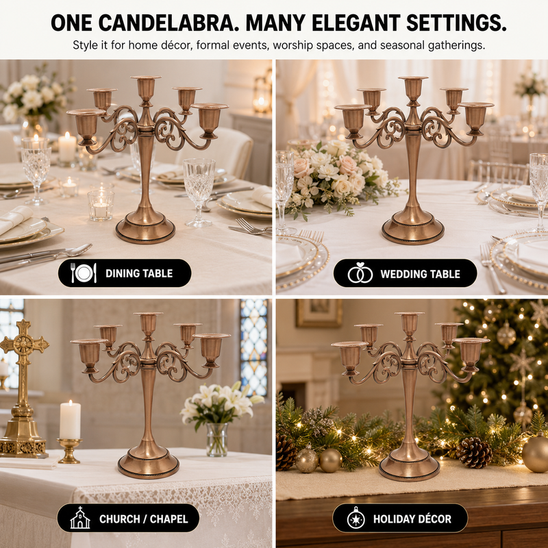 Gold candelabra centerpiece shown with wedding dinner church holiday and party use cases