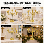 Gold candelabra centerpiece shown with wedding dinner church holiday and party use cases
