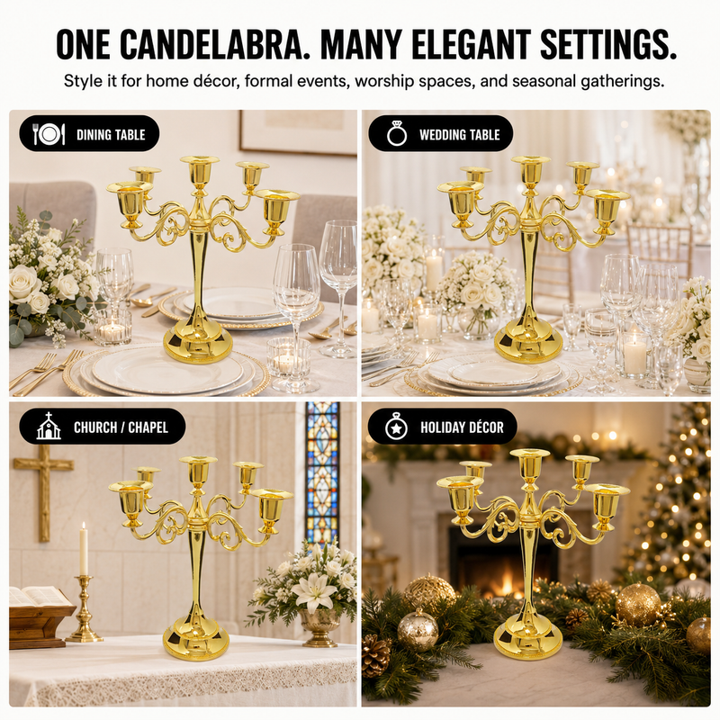 Gold candelabra centerpiece shown with wedding dinner church holiday and party use cases