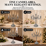 Gold candelabra centerpiece shown with wedding dinner church holiday and party use cases