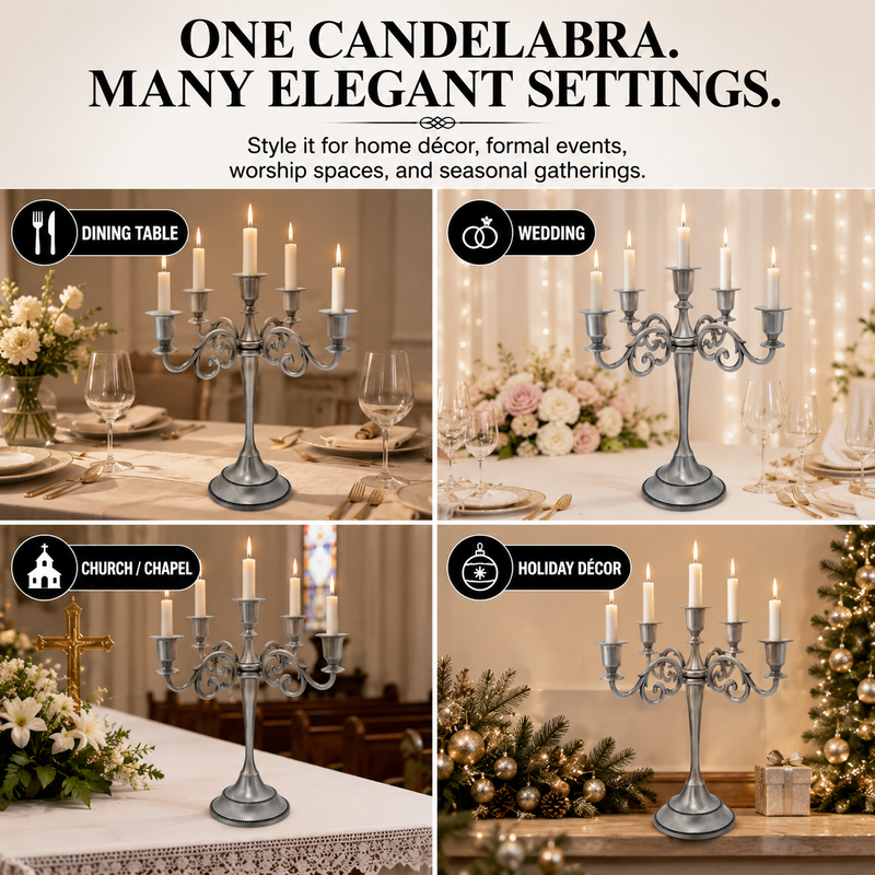 Gold candelabra centerpiece shown with wedding dinner church holiday and party use cases