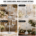 Gold candelabra centerpiece shown with wedding dinner church holiday and party use cases