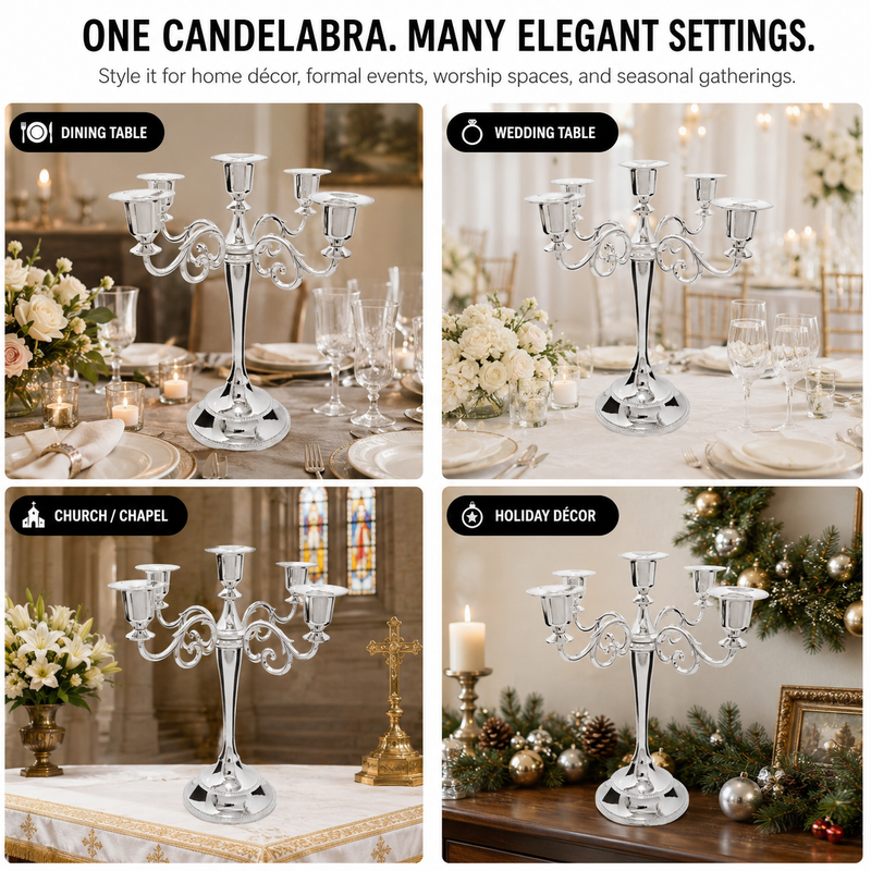 Gold candelabra centerpiece shown with wedding dinner church holiday and party use cases