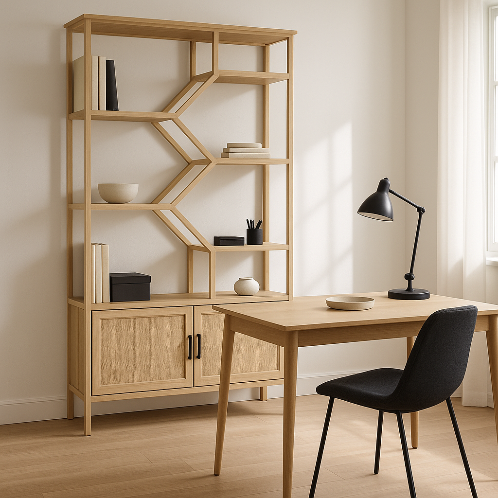 Rattan bookshelf 5 tiers Bookcases Storage Rack with cabinet for Living Room Home Office