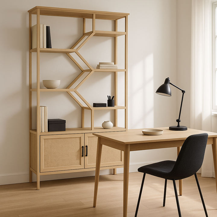 Rattan bookshelf 5 tiers Bookcases Storage Rack with cabinet for Living Room Home Office