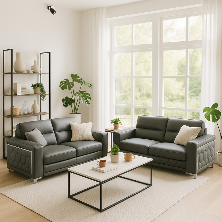 Dark Gray Italian Leather 5-Person Sofa and Loveseat Set with Coil Spring Construction