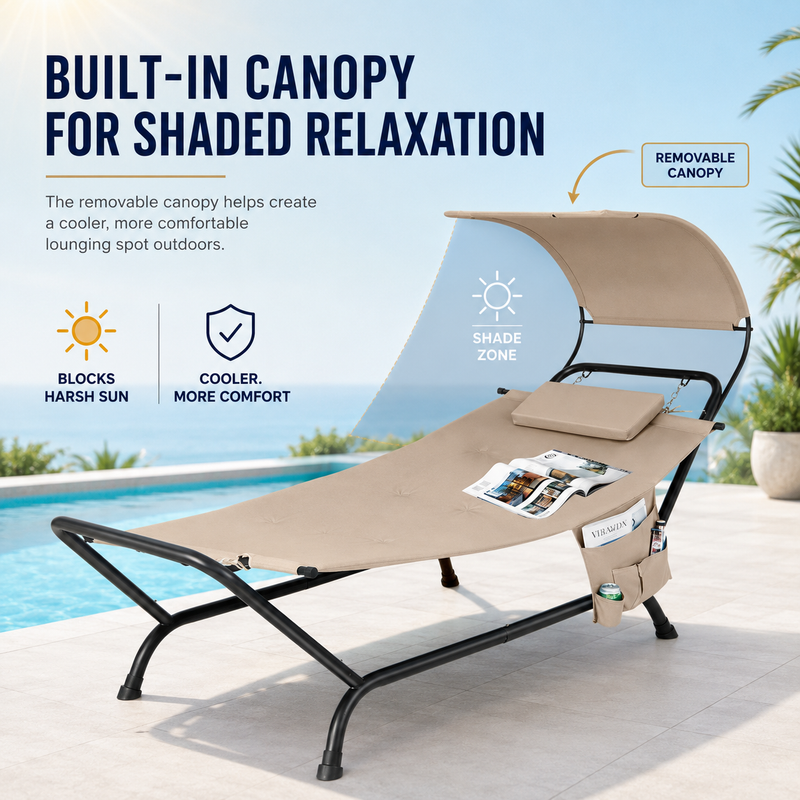 Navy chaise lounger with canopy showing its relaxed reclining shape