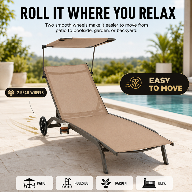 Navy chaise lounger with canopy showing its relaxed reclining shape