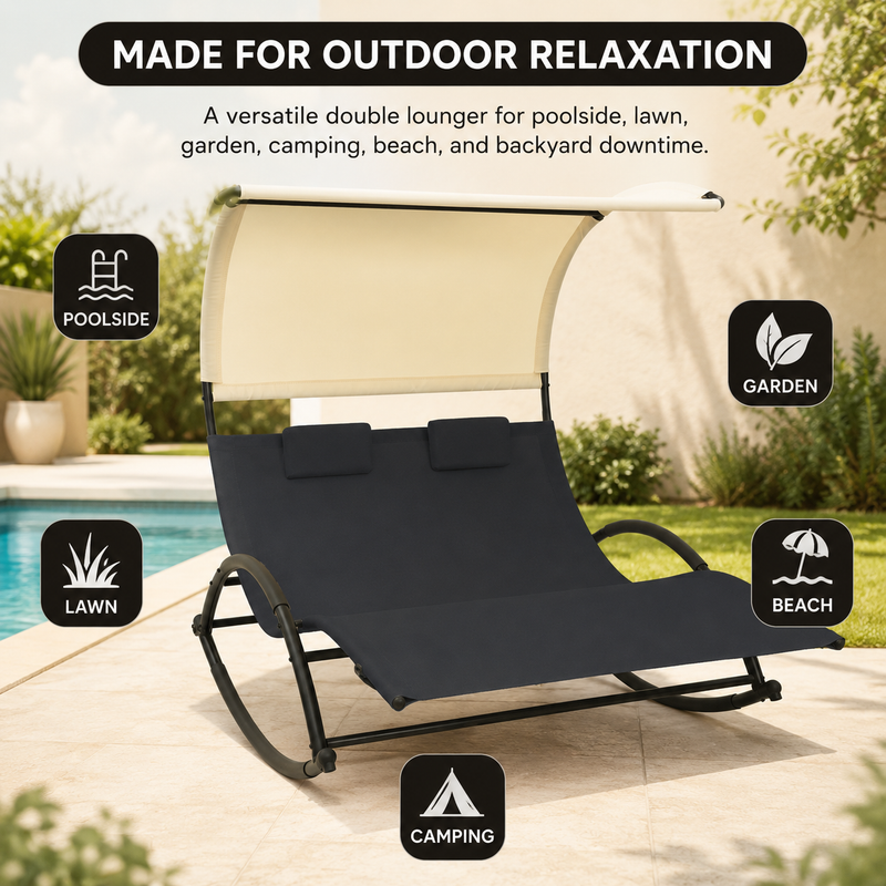 Navy chaise lounger with canopy showing its relaxed reclining shape