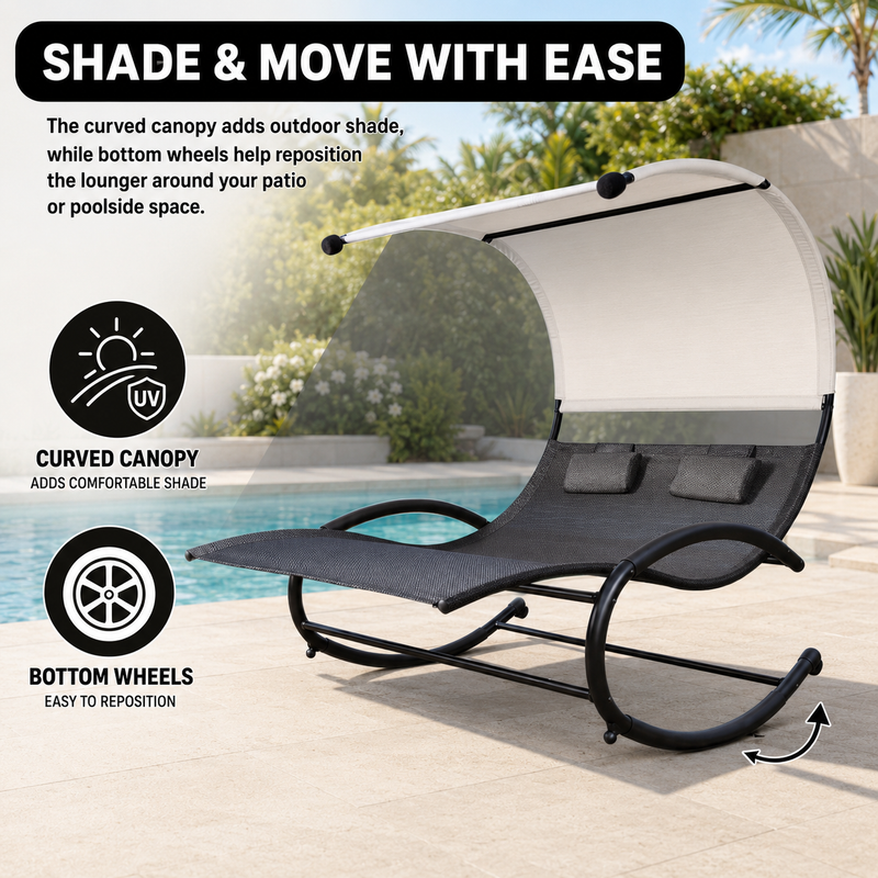 Navy chaise lounger with canopy showing its relaxed reclining shape
