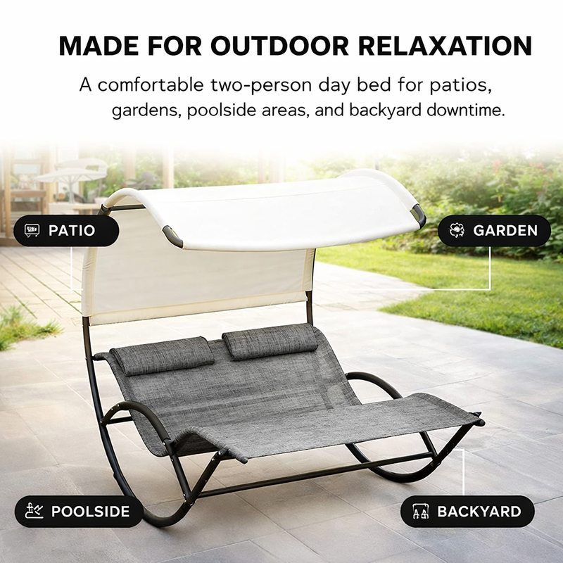 Navy chaise lounger with canopy showing its relaxed reclining shape