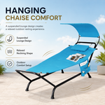 Navy chaise lounger with canopy showing its relaxed reclining shape