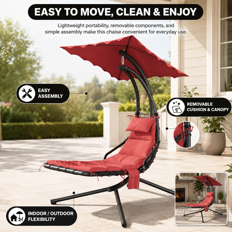Navy chaise lounger with canopy showing its relaxed reclining shape