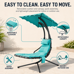 Navy chaise lounger with canopy showing its relaxed reclining shape