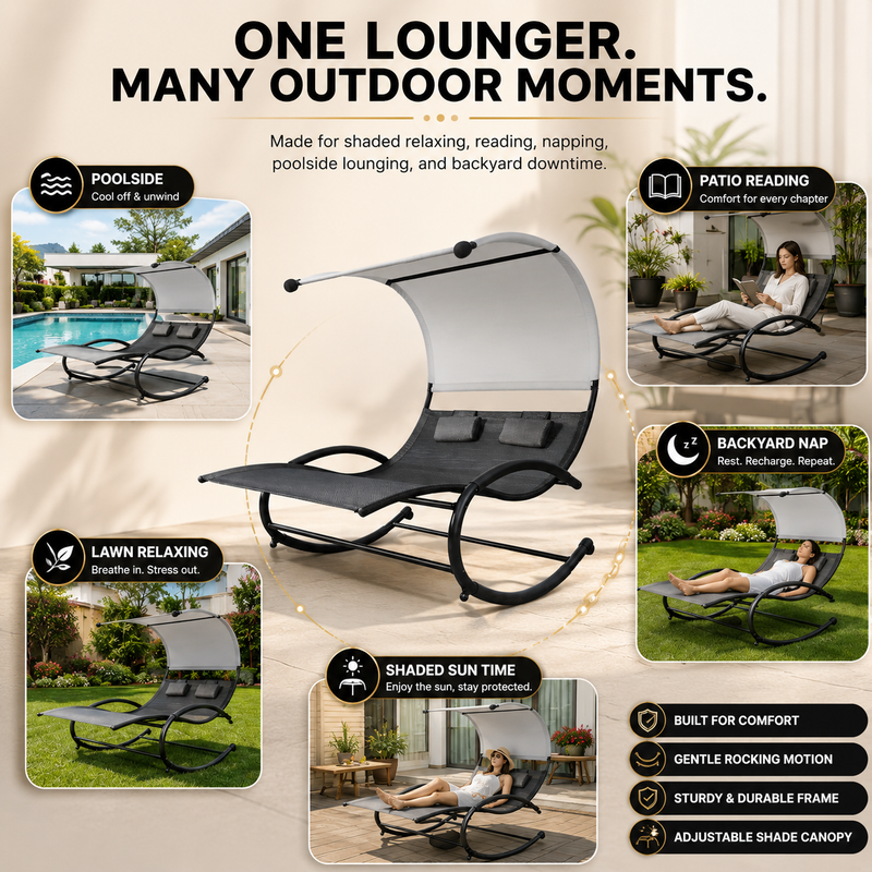 Navy chaise lounger with its full-length cushion and matching headrest pillow