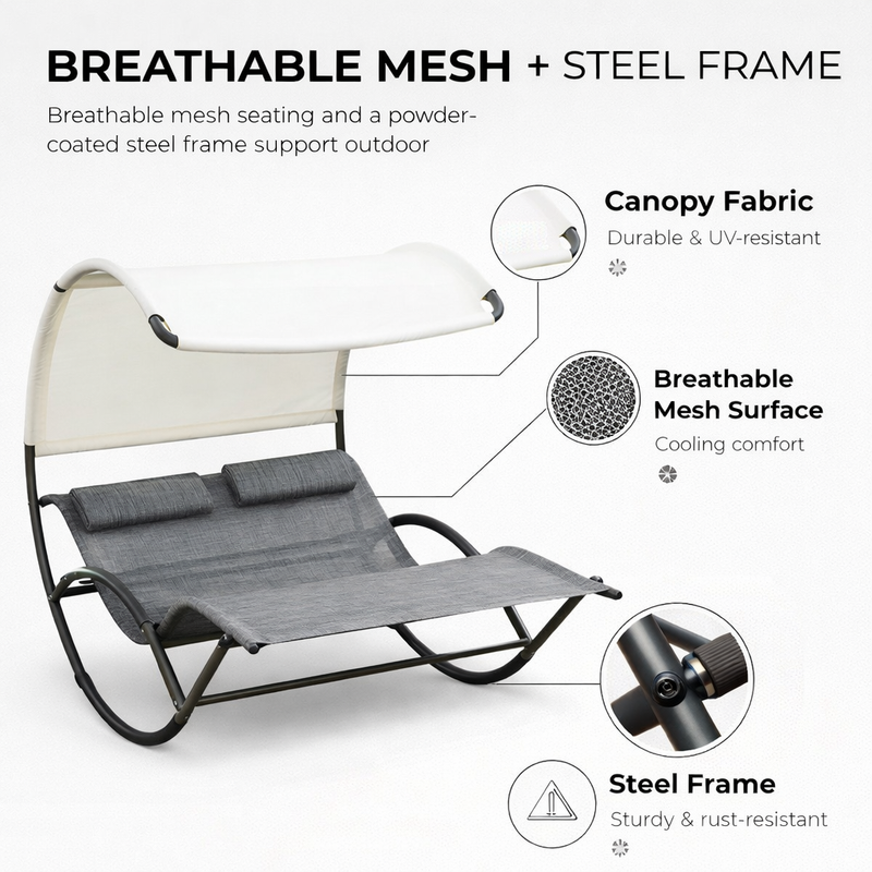 Navy chaise lounger with its full-length cushion and matching headrest pillow