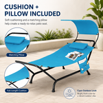 Navy chaise lounger with its full-length cushion and matching headrest pillow