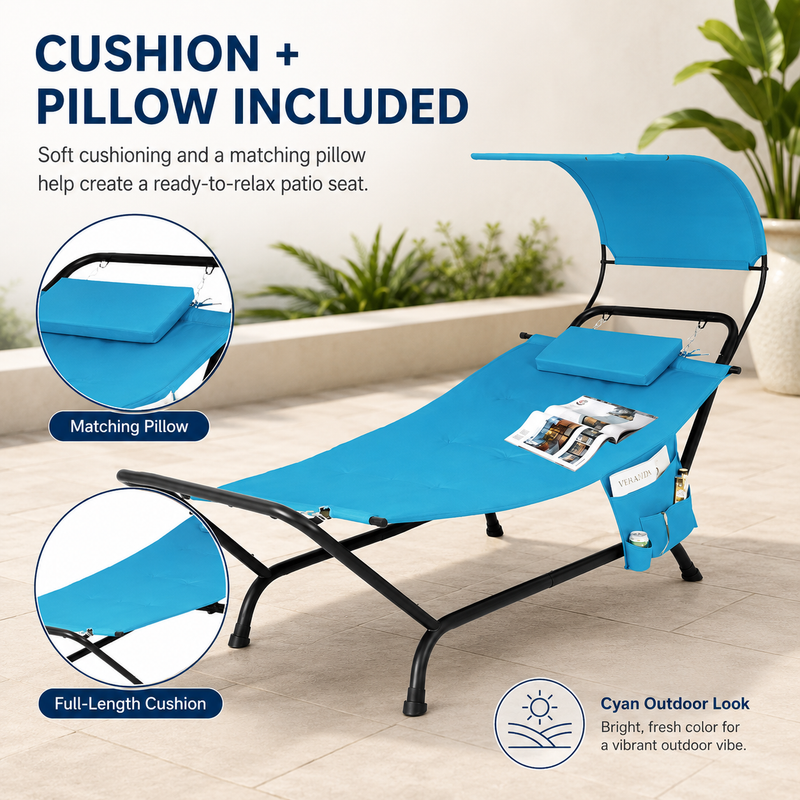 Navy chaise lounger with its full-length cushion and matching headrest pillow