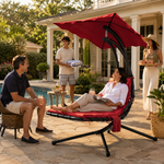 Navy chaise lounger with its full-length cushion and matching headrest pillow
