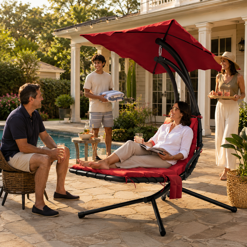 Navy chaise lounger with its full-length cushion and matching headrest pillow