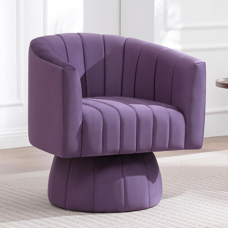 Channel tufted swivel accent chair with a rounded barrel back on a round upholstered base