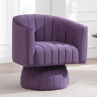 Channel tufted swivel accent chair with a rounded barrel back on a round upholstered base