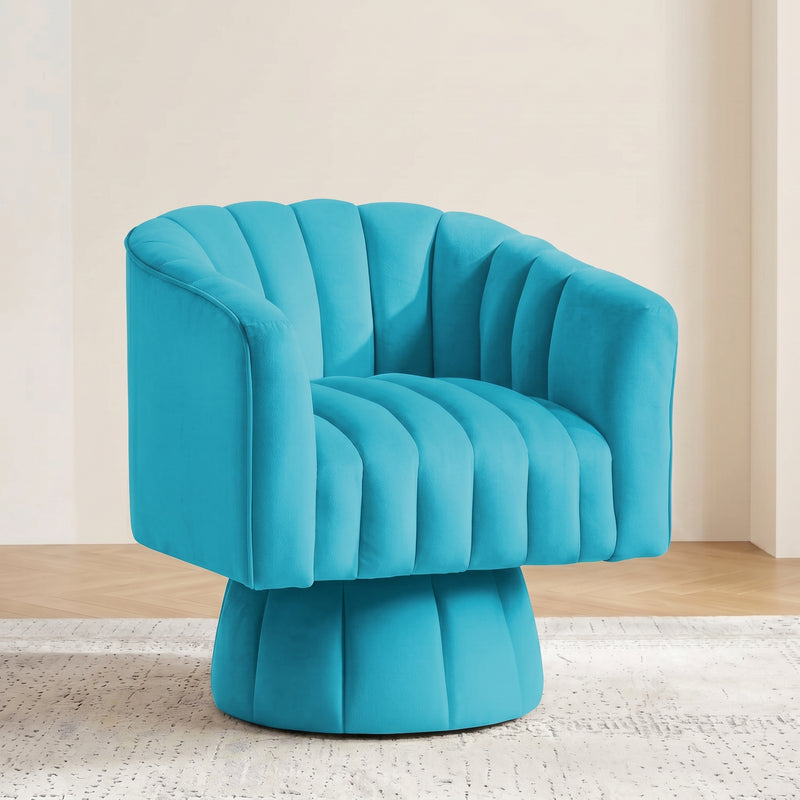 Channel tufted swivel accent chair with a rounded barrel back on a round upholstered base