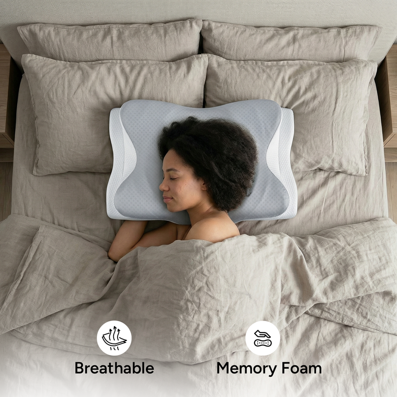 Infographic of a woman lying on her back on a contour pillow with a supportive sleeping angle