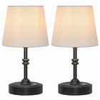Black cordless rechargeable table lamp with linen fabric shade, lit