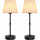 Black cordless rechargeable table lamp with linen fabric shade, lit