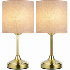 Black cordless rechargeable table lamp with linen fabric shade, lit