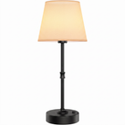 Black cordless rechargeable table lamp with linen fabric shade, lit