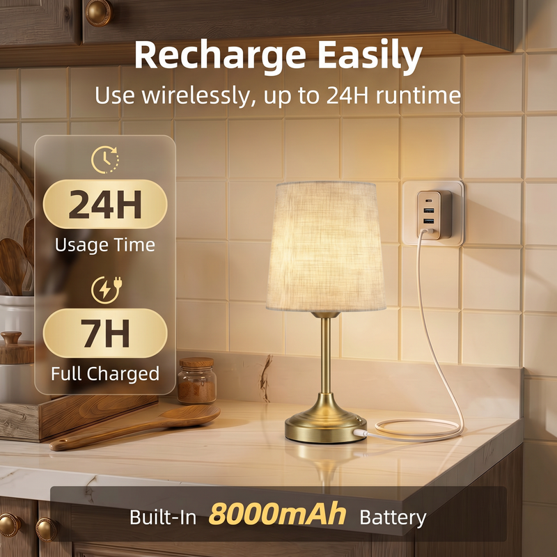 Cordless rechargeable table lamp lit on a bedside nightstand