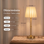 Cordless table lamp dimensions with E12 replacement bulb detail