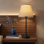 Rechargeable cordless fabric shade table lamp displayed in a closet, bookshelf, bathroom and kitchen for versatile home lighting decor.