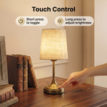 Rechargeable cordless fabric shade table lamp displayed in a closet, bookshelf, bathroom and kitchen for versatile home lighting decor.