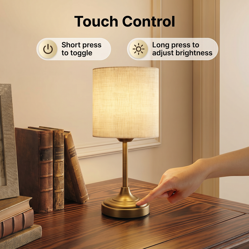 Rechargeable cordless fabric shade table lamp displayed in a closet, bookshelf, bathroom and kitchen for versatile home lighting decor.