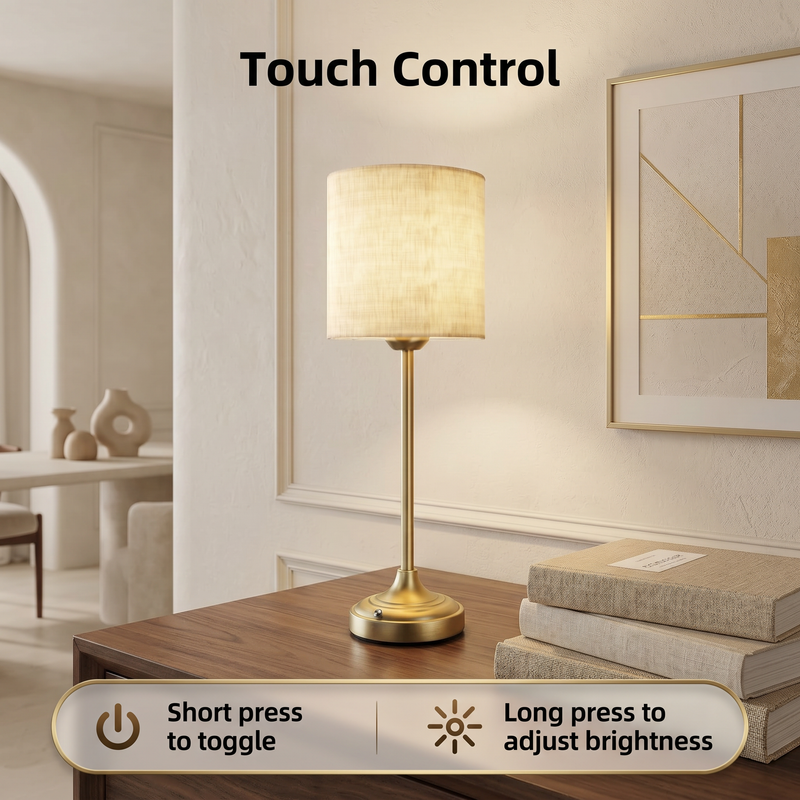 Rechargeable cordless fabric shade table lamp displayed in a closet, bookshelf, bathroom and kitchen for versatile home lighting decor.