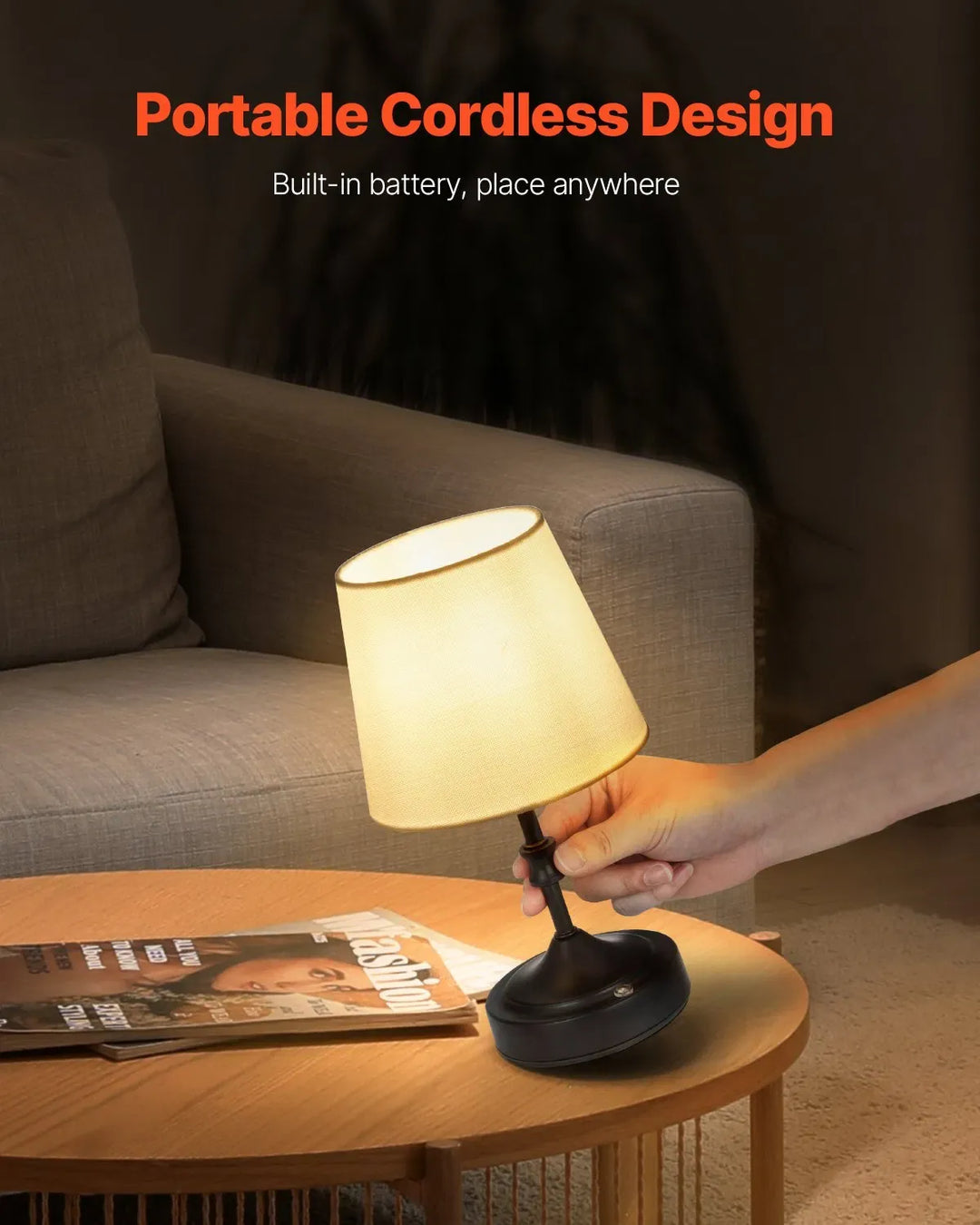 Cordless Table Lamp Rechargeable Battery Small Desk Lamp Fabric Shade Black