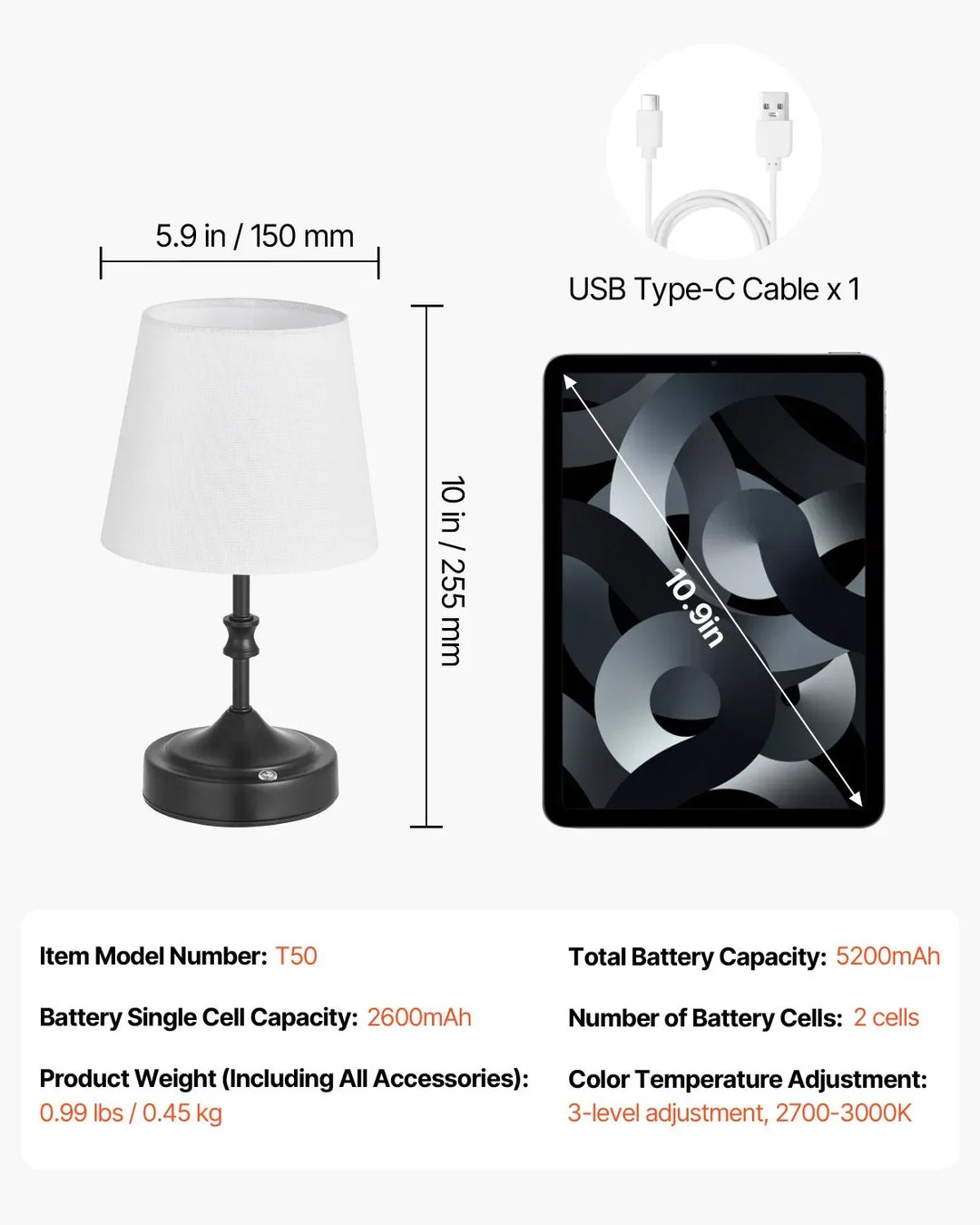 Cordless Table Lamp Rechargeable Battery Small Desk Lamp Fabric Shade Black