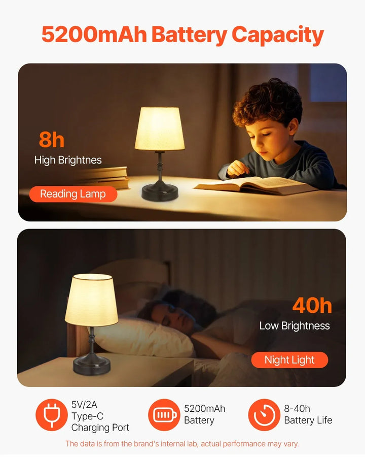 Cordless Table Lamp Rechargeable Battery Small Desk Lamp Fabric Shade Black