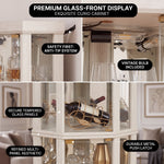 Oak corner curio cabinet shown under warm natural and cool LED lighting