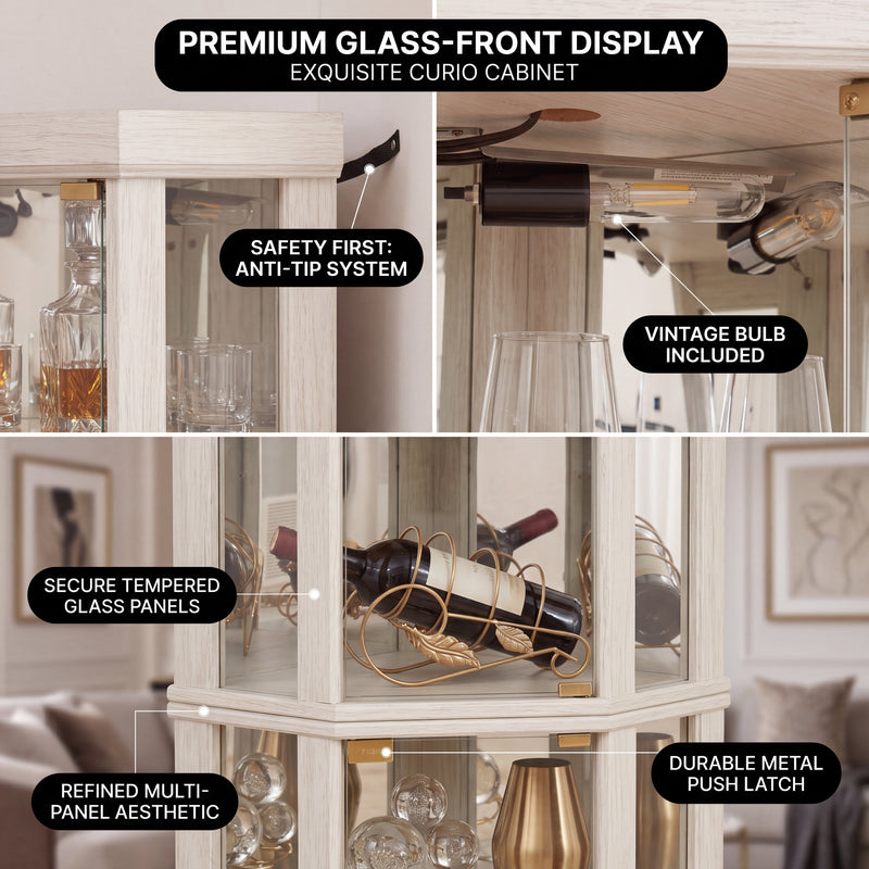 Oak corner curio cabinet shown under warm natural and cool LED lighting